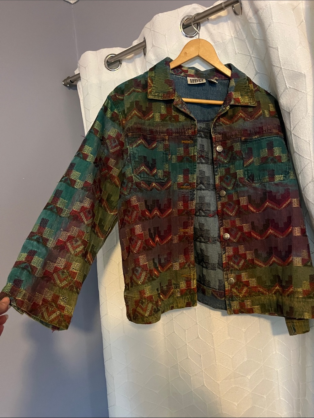 Chico's Multicolor Patterned Denim-Style Jacket - Teal, Burgundy & Olive
